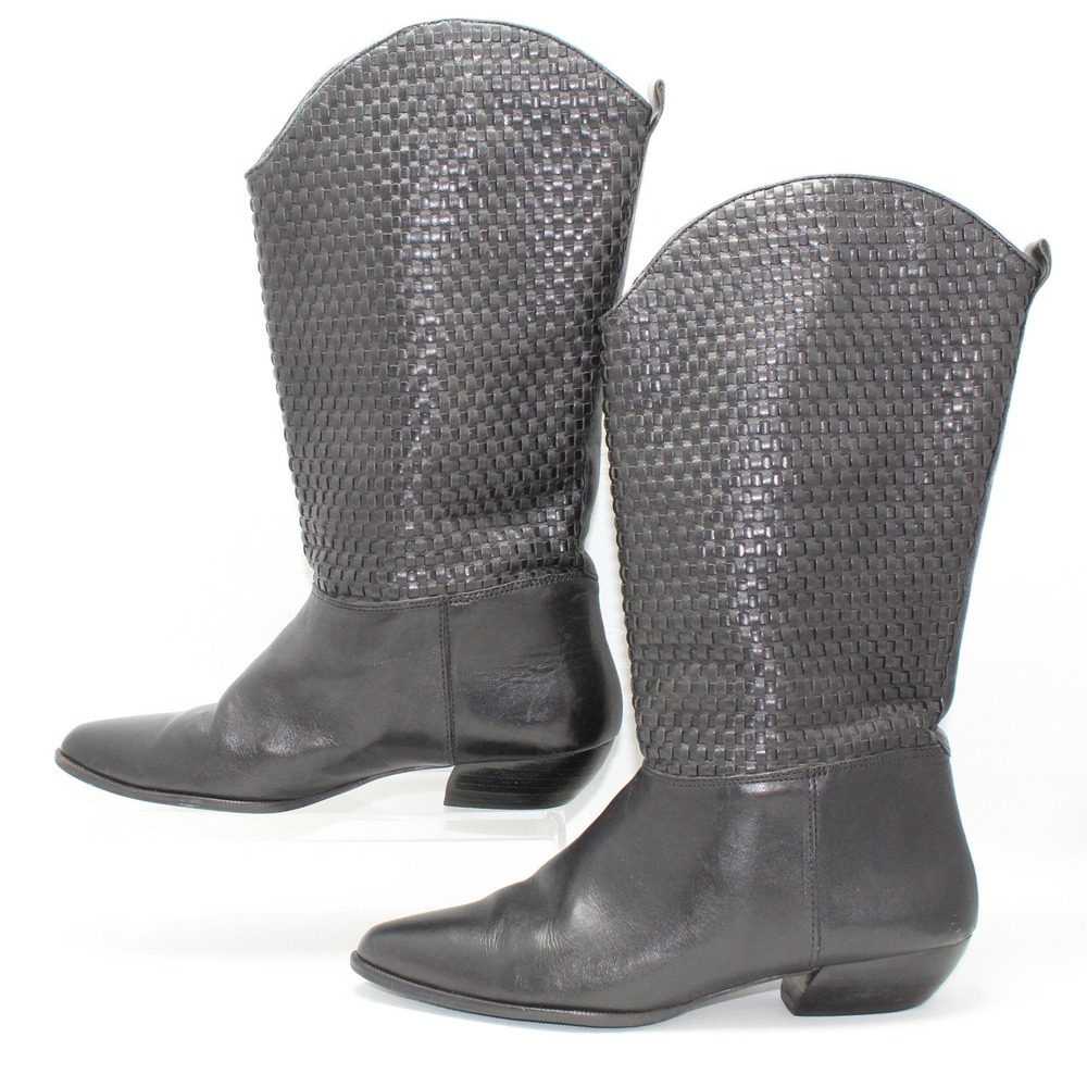 Vintage AJ Valenci Black Woven Leather Western Boots Pointed Toe 7M 7743